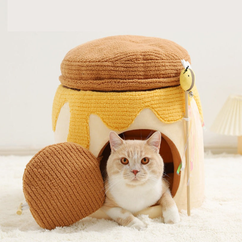 Honey Jar Shaped Cat Bed with Bee Teaser Wand